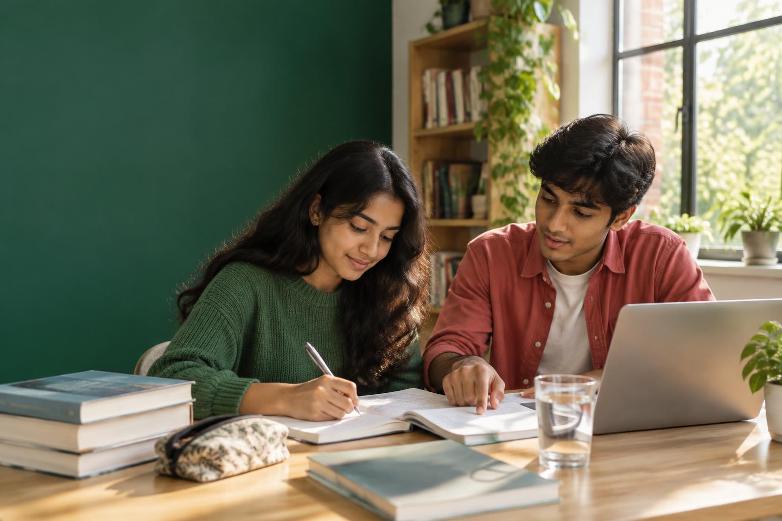 Students studying together with a laptop and notebook